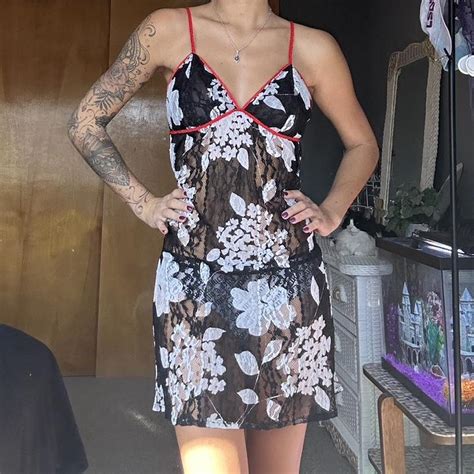 Vintage Y K Mesh Lingerie Slip Dress Floral Brand Depop
