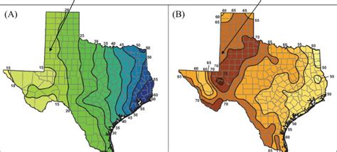 Fig. Texas map showing annual average rainfall (A) and potential... | Download Scientific Diagram