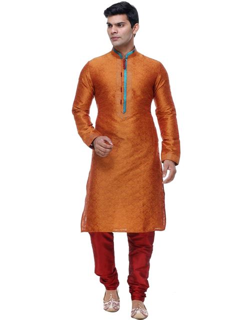 Orange Silk Readymade Kurta Pajama 92906 Mens Kurta Designs Gents