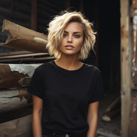 Premium Photo Cute Woman With Blonde Hair Cute Pose In A Black Gildan 5000 Tshirt With Tight
