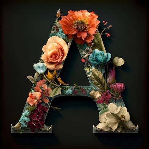 Floral alphabet Letter A decorated with flowers on dark background ...