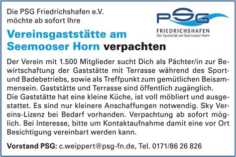 Wir suchen Pächter in für unser Vereinsheim PSG Friedrichshafen e V