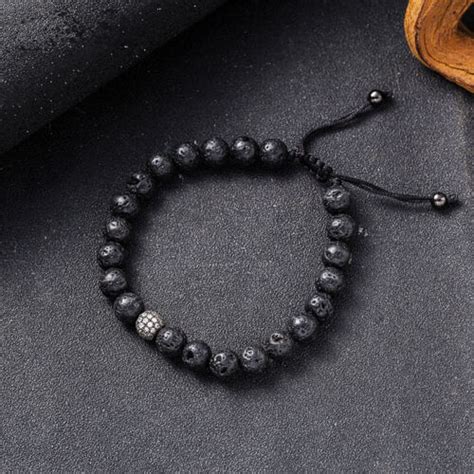 New Fashion Men S Black Volcanic Bracelet Beads Lava Stone Zircon Ball