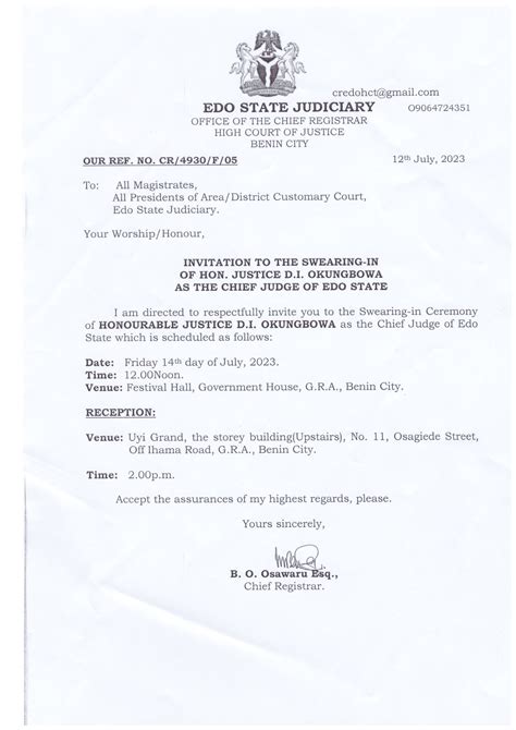 Press Release Invitation To The Swearing In Of Hon Justice D I