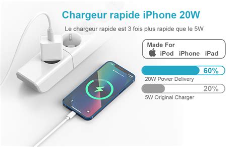 20W Chargeur Rapide avec Câble iPhone 2M Certifié Apple MFi Prise