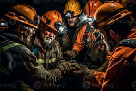 A Group Of Miners Collaborating And Working Together In A Dark