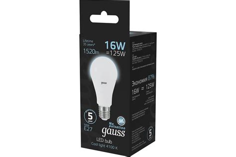 Светодиодная Лампа Gauss A60 16W 1520lm 4100K E27 LED 1/10/50 102502216 ...
