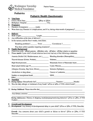 Fillable Online Pediatric Health Questionnaire Bmywtmfbbcomb Fax