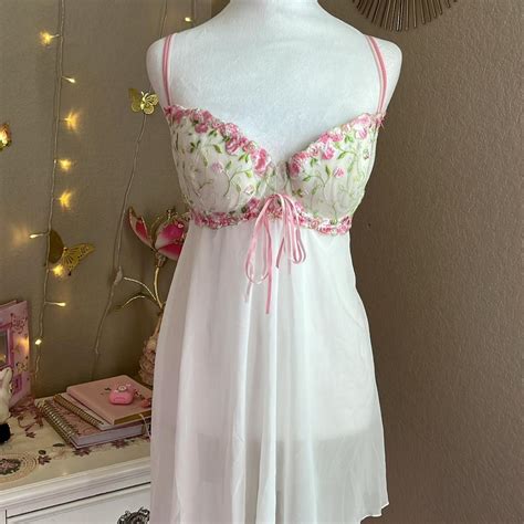 White And Pink Floral Lingerie Slip Dress Lingerie Depop