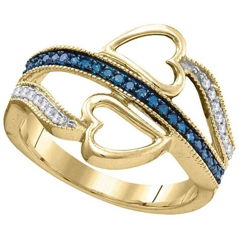 10kt Yellow Gold Women S Round Blue Color Enhanced Diamond Double Heart