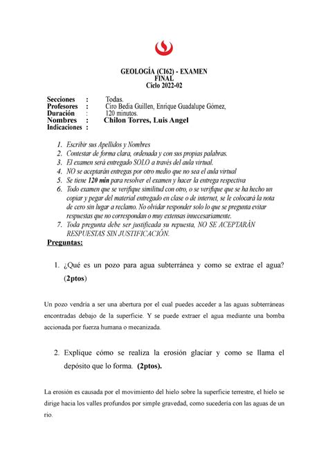 Geologia examen final GEOLOGÍA CI62 EXAMEN FINAL Ciclo 2022