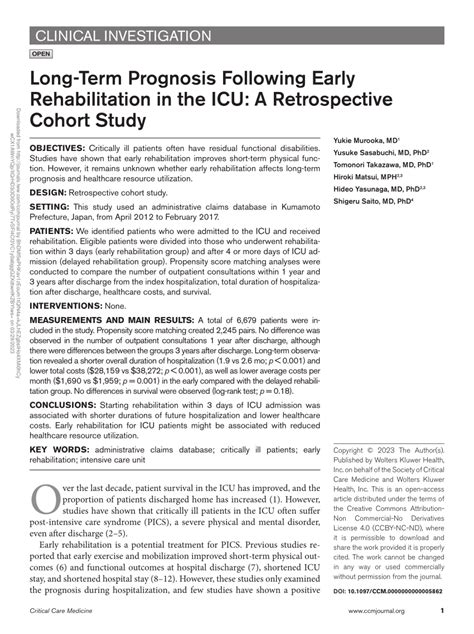 Pdf Long Term Prognosis Following Early Rehabilitation In The Icu A