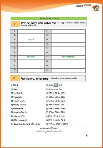 Ordinal Numbers Vrstilni Tevniki Angle Ke Vaje