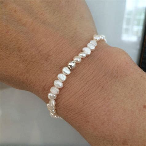 Tiny Freshwater Pearl STRETCH Bracelet Sterling Silver White Etsy UK