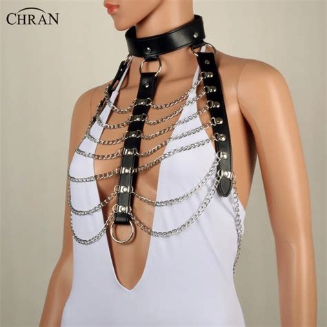 Chran Leather Harness Bondage Beach Chain Collar Goth Choker Shoulder Necklace Jewelry