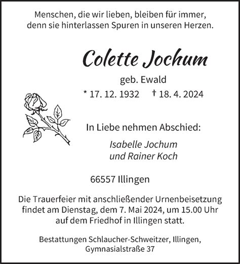 Traueranzeigen Von Colette Jochum Saarbruecker Zeitung Trauer De