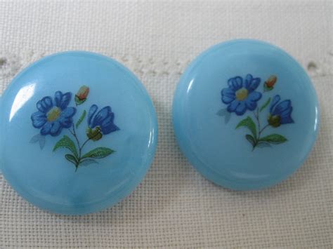 Set Of 2 Vintage Blue Glass Flower Buttons