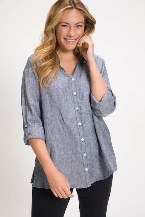 Roll Tab Sleeve Button Front Linen Blouse All Blouses Blouses