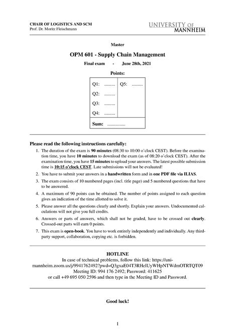 Exam Scm Solution Chair Of Logistics And Scm Prof Dr Moritz