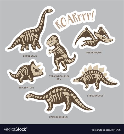 Sticker set of dinosaur skeletons in cartoon style