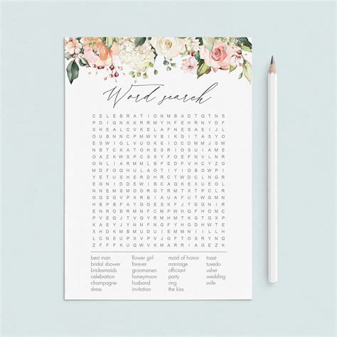 Floral Wedding Shower Word Search Printable | Instant download