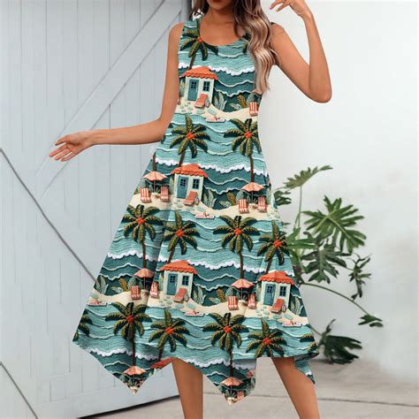 Purjkpu Women Summer Dresses Beach Tropical Print Swing Dresses Sleeveless Crew Neck Hawaiian