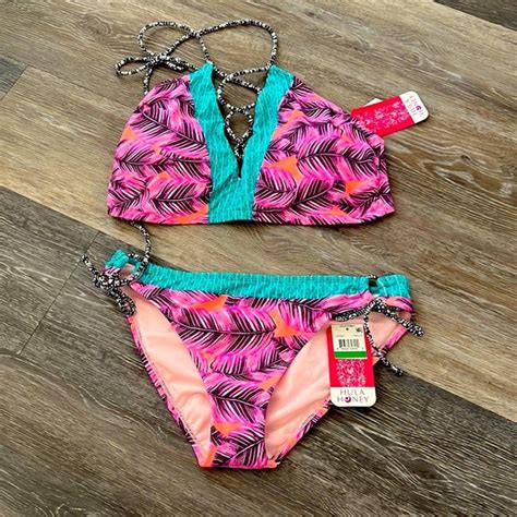 Hula Honey Swim Nwt Hula Honey Pink Purple Tropical Print 2 Piece Bikini Swim Suit L Ddd