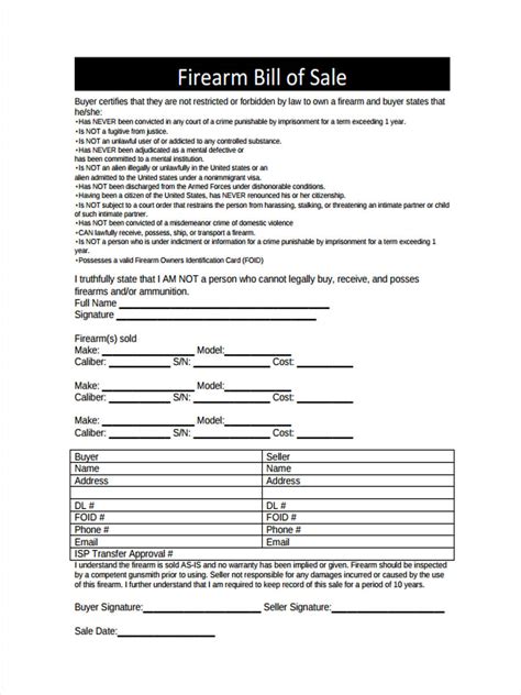 Free 6 Firearm Bill Of Sale Forms In Pdf