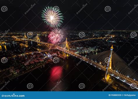 Bhumibol Bridge with Fireworks Stock Photo - Image of bhumibol ...