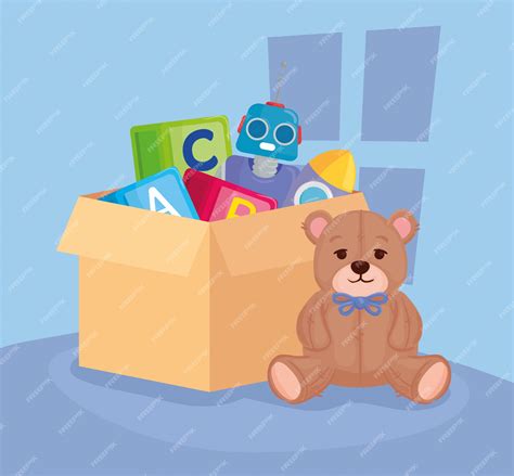 Детские игрушки, мишка с игрушками в картонной коробке | Премиум векторы