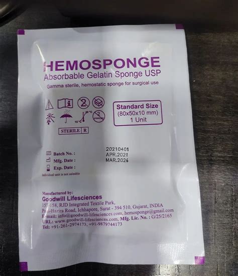 Absorbable Hemostatic Gelatin Sponge Standard Packaging Size 2 Pcs