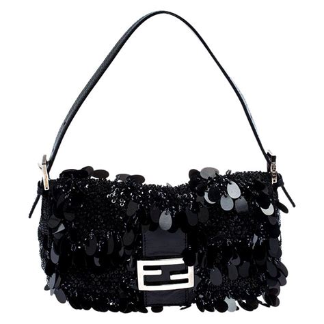 Fendi Black Sequins Beaded Leather Baguette Shoulder Bag For Sale At