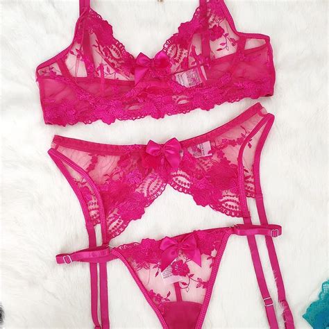 Bowknot Embroidery Lace Garter Lingerie Set