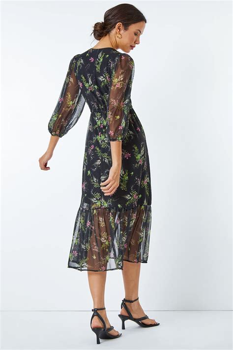 Green Floral Print Midi Stretch Dress Roman Uk