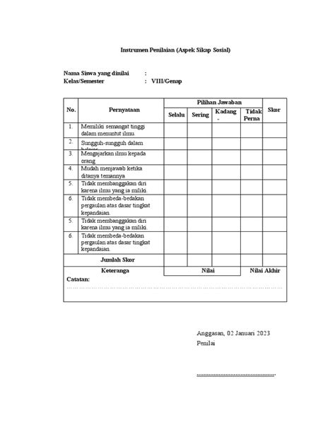 Instrumen Penilaian Aspek Sikap Sosial 3 Pdf