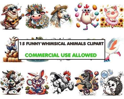 15 Funny Whimsical Animals Clipart Bundle Digital Illustrations for ...