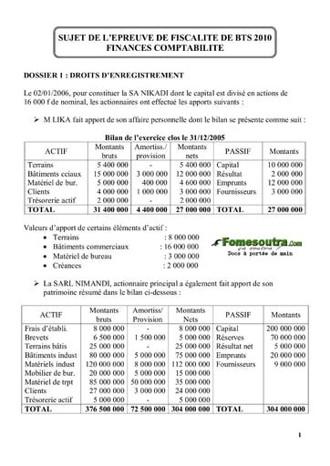 Sujet corrigé de Fiscalité BTS Finances Comptabilité et Gestion d