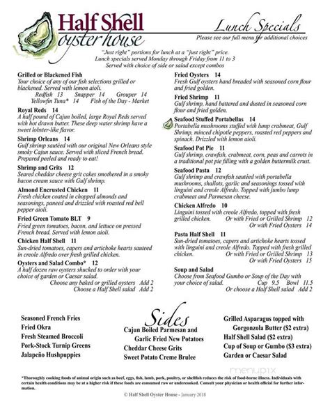 Menu Of Half Shell In Hattiesburg MS 39402