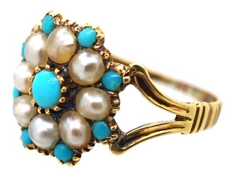 Georgian 15ct Gold Turquoise Natural Split Pearl Cluster Ring 455H