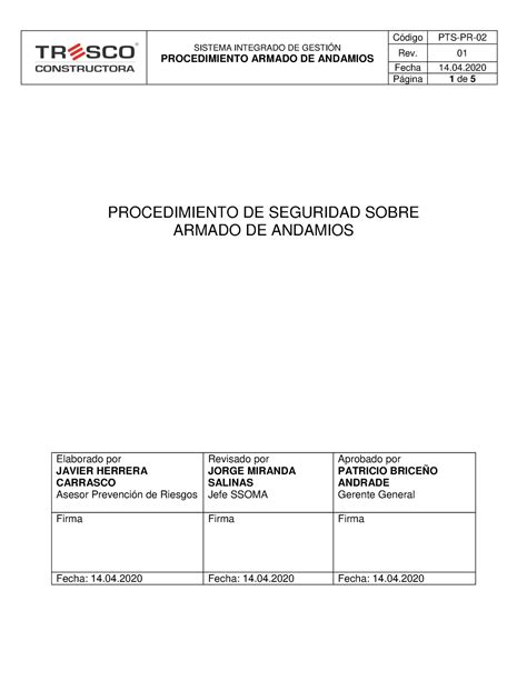 Pts Pr Armado De Andamios Rev Sistema Integrado De Gesti N