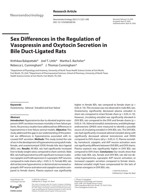 PDF Sex Differences In The Regulation Of Vasopressin And Oxytocin Secretion In Bile Duct