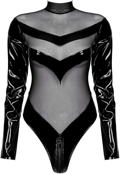 Aislor Damen Body Lack Leder Bodysuit Langarm Transparent Overall