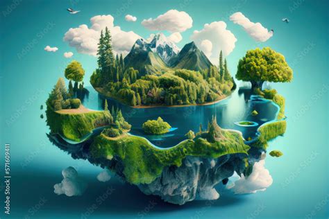 Floating Island With Lake And Beautiful Landscape 3d Illustration Of