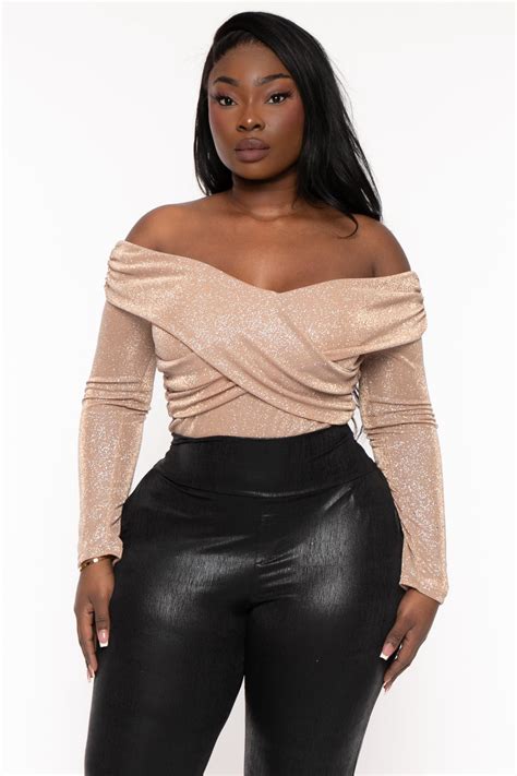 Plus Size Glitter Cross Wrap Bodysuit Nude Curvy Sense