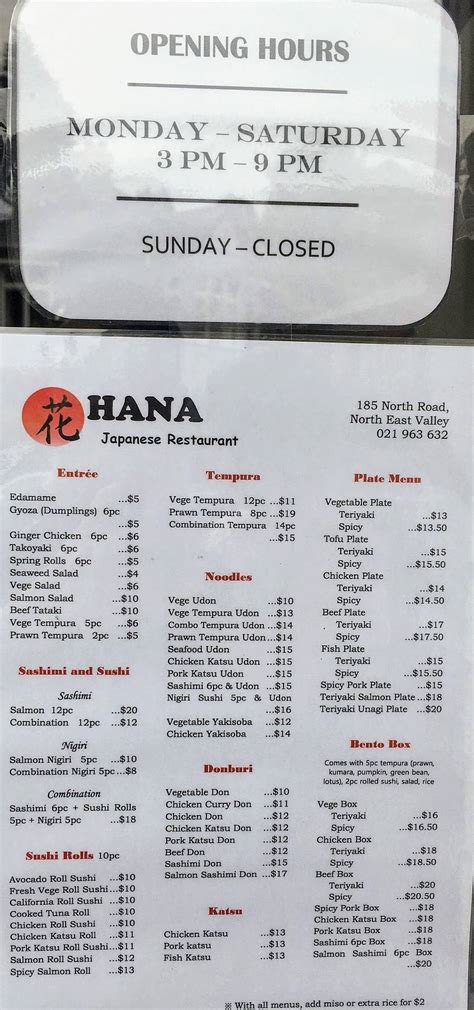 Menu at Hana Japanese Restaurant, Dunedin