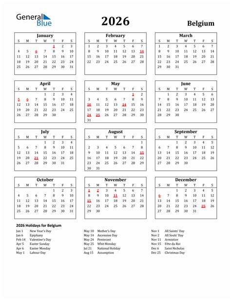 Free Printable 2026 Belgium Holiday Calendar