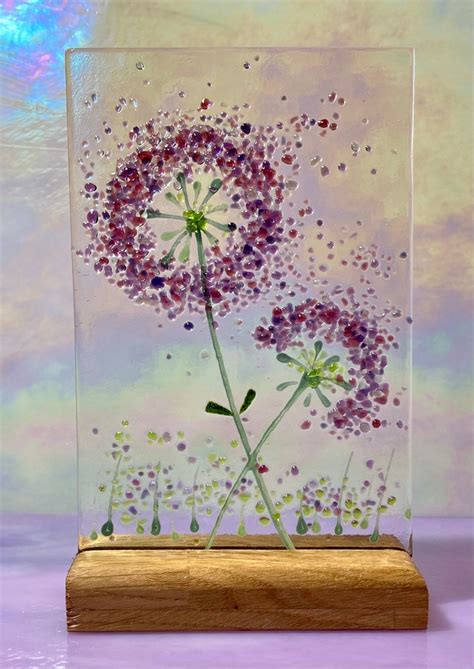 Violet Flowers Fused Glass Art Picture Sun Catcher And Wooden Etsy Uk