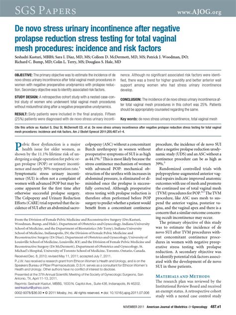 De Novo Stress Urinary Incontinence After Negative Prolapse Reduction