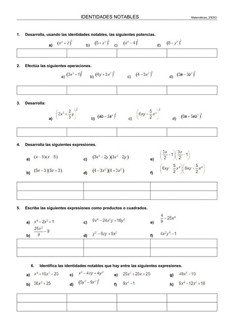 Ejercicios interactivos de identidades notables en álgebra y polinomios