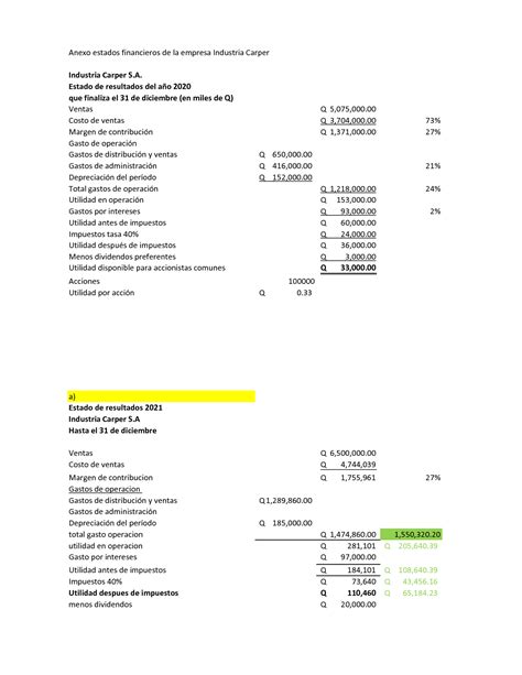 Solution Caso Carper Para Evaluacio N Estados Financieros Proforma